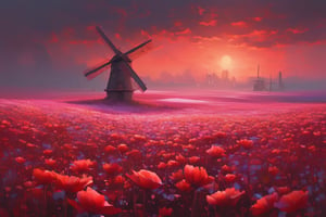 **a windmill standing in the middle of flower fields, in the style of jessica rossier, jan pietersz saenredam, romantic landscape vistas, blurred landscapes, ton dubbeldam, light bronze and red, metropolis meets nature 