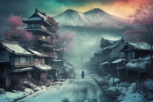 Old Japanese village in the snowy mountains of Hokkaido, style of ( Jeremiah Ketner, Kim Keever, John Atkinson Grimshaw) post apocalyptic ,gothic, horror ,darkpunk dark wood, abandoned port , steam fog smoke 16k IMAX photograph, vivid colours