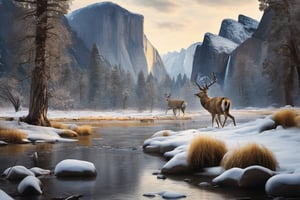 (((Yosemite park))), mountain stream landscape painting, in the style of mike campau, light white and gold, david yarrow, tj drysdale, gothic grandeur, cold and detached atmosphere, national geographic photo, deer drinks from the river
