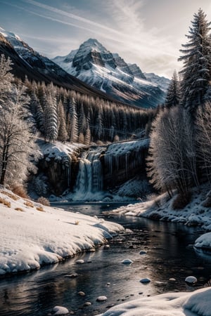  mountain stream landscape painting, (((snowcowerd labscape and trees, frozen waterfall))),in the style of mike campau, light white and gold, david yarrow, tj drysdale, gothic grandeur, cold and detached atmosphere, national geographic photo, sunset in the viewers back 