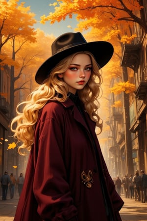 A full body portait of a beautiful, detailed face, woman with blond curly hair and shining amber eyes, dressed in a bordeaux sweather and a black hat, walking on a street under maple trees. Yellow and red leaf in the air and on the street. Autumnal background. Ben Bauchau, Michael Garmash, Daniel F Gerhartz, Clint Cearley, Carne Griffiths, Jean Baptiste Monge, strybk style, warm dreamy lighting, matte background, volumetric lighting, pulp adventure style, fluid acrylic, dynamic gradients, bold color, illustration, highly detailed, simple, smooth and clean vector curves, vector art, smooth, johan grenier, character design, 3d shadowing, fanbox, cinematic, ornate motifs, elegant organic framing, hyperrealism, posterized, masterpiece collection, bright lush colors, TXAA, penumbra, alcohol paint, wet gouache, ultrarealistic, film grain, surreal, moody, ethereal fantasy, amazing depth, cinematic film still, sharp focus, (James Christensen), Gustav Klimt, (Anne Bachelier:1.2), (Lillian Bassman, Erwin Blumenfeld),shabby chic,, 1920s retrofuturism, industrial, art deco, coherent, (Dieselpunk:1.3)sparkles,in the style of vargas,REALNIME