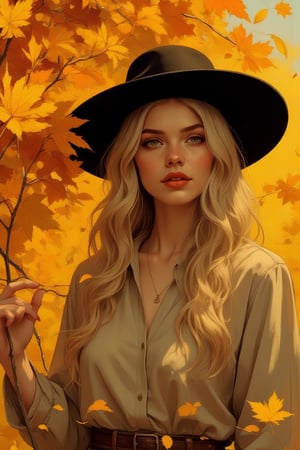 Portrait-style image featuring a woman standing outdoors against a backdrop of vibrant autumn leaves. She has long, wavy blonde hair and fair skin. She is wearing a black wide-brimmed hat and a beige swater. Red lipstick. The woman is looking to yellow leaf in the air. The overall color palette of the image is warm, with rich autumnal hues dominating the background. Ben Bauchau, Michael Garmash, Daniel F Gerhartz, Clint Cearley, Carne Griffiths, Jean Baptiste Monge, strybk style, warm dreamy lighting, matte background, volumetric lighting, pulp adventure style, fluid acrylic, dynamic gradients, bold color, illustration, highly detailed, simple, smooth and clean vector curves, vector art, smooth, johan grenier, character design, 3d shadowing, fanbox, cinematic, ornate motifs, elegant organic framing, hyperrealism, posterized, masterpiece collection, bright lush colors, TXAA, penumbra, alcohol paint, wet gouache, ultrarealistic, film grain, surreal, moody, ethereal fantasy, amazing depth, cinematic film still, sharp focus, (James Christensen), Gustav Klimt, (Anne Bachelier:1.2), (Lillian Bassman, Erwin Blumenfeld),shabby chic,, 1920s retrofuturism, industrial, art deco, coherent, (Dieselpunk:1.3)sparkles,in the style of vargas,REALNIME