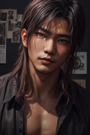 A beautiful asian man with long black hair, blue eyes, bad boy look, dark background, Poster Design, 300 DPI, Soft Lighting, Charming Expression, Enchanting Atmosphere, photo, 8k, dark, medium photography, gloomy artistic painterly ethereal, whimsical, coarse grain photo,Masterpiece,,Pectoral Focus