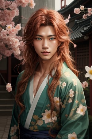 A beautiful man with red long hair, green eyes, wearing a japanese kimono, muscular body, flower in the air, Poster Design, 300 DPI, Soft Lighting, Charming Expression, Enchanting Atmosphere, photo, 8k, dark, medium photography, gloomy artistic painterly ethereal, whimsical, coarse grain photo,Masterpiece,Asian man,male,Pectoral Focus