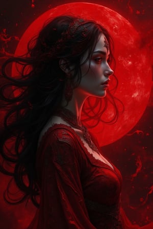 Digital illustration featuring a side profile of a woman against a striking red moon backdrop. The artwork is stylized with a focus on bold lines and contrasting colors. The woman has long, flowing black hair and is wearing a red garment with intricate patterns. Her skin is pale, and her facial features are sharp and defined, with a serene expression. The red moon dominates the background, casting a dramatic glow that enhances the mystical and atmospheric quality of the scene. The overall composition is balanced, with the subject positioned centrally, creating a sense of harmony and focus within the artwork... Ben Bauchau, Michael Garmash, Daniel F Gerhartz, Clint Cearley, Carne Griffiths, Jean Baptiste Monge, strybk style, warm dreamy lighting, matte background, volumetric lighting, pulp adventure style, fluid acrylic, dynamic gradients, bold color, illustration, highly detailed, simple, smooth and clean vector curves, vector art, smooth, johan grenier, character design, 3d shadowing, fanbox, cinematic, ornate motifs, elegant organic framing, hyperrealism, posterized, masterpiece collection, bright lush colors, TXAA, penumbra, alcohol paint, wet gouache, ultrarealistic, film grain, surreal, moody, ethereal fantasy, amazing depth, cinematic film still, sharp focus, (James Christensen), Gustav Klimt, (Anne Bachelier:1.2), (Lillian Bassman, Erwin Blumenfeld),shabby chic,, 1920s retrofuturism, industrial, art deco, coherent, (Dieselpunk:1.3)sparkles,in the style of vargas, warm dreamy lighting, matte background, volumetric lighting, pulp adventure style, fluid acrylic, dynamic gradients, bold color, illustration, highly detailed, simple, smooth and clean vector curves, vector art, smooth, johan grenier, character design, 3d shadowing, fanbox, cinematic, ornate motifs, elegant organic framing, hyperrealism, posterized, masterpiece collection, bright lush colors, TXAA, penumbra, alcohol paint, wet gouache, ultrarealistic, film grain, surreal, moody, ethereal fantasy, amazing depth, cinematic film still, sharp focus, (James Christensen), Gustav Klimt, (Anne Bachelier:1.2), (Lillian Bassman, Erwin Blumenfeld),shabby chic,, 1920s retrofuturism, industrial, art deco, coherent, (Dieselpunk:1.3)sparkles,in the style of vargas,REALNIME,,female hand,hkmagic,Fantasy detailers,DarkHalloween,halloween_witch