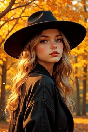 Portrait-style image featuring a woman standing outdoors against a backdrop of vibrant autumn leaves. She has long, wavy blonde hair and fair skin. She is wearing a black wide-brimmed hat and a bordeaux swater. Dark lipstick. The woman is looking to yellow leaf in the air. The overall color palette of the image is warm, with rich autumnal hues dominating the background. Ben Bauchau, Michael Garmash, Daniel F Gerhartz, Clint Cearley, Carne Griffiths, Jean Baptiste Monge, strybk style, warm dreamy lighting, matte background, volumetric lighting, pulp adventure style, fluid acrylic, dynamic gradients, bold color, illustration, highly detailed, simple, smooth and clean vector curves, vector art, smooth, johan grenier, character design, 3d shadowing, fanbox, cinematic, ornate motifs, elegant organic framing, hyperrealism, posterized, masterpiece collection, bright lush colors, TXAA, penumbra, alcohol paint, wet gouache, ultrarealistic, film grain, surreal, moody, ethereal fantasy, amazing depth, cinematic film still, sharp focus, (James Christensen), Gustav Klimt, (Anne Bachelier:1.2), (Lillian Bassman, Erwin Blumenfeld),shabby chic,, 1920s retrofuturism, industrial, art deco, coherent, (Dieselpunk:1.3)sparkles,in the style of vargas,REALNIME