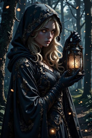 Image is a digital artwork featuring a mysterious, fantasy-themed night scene. The layout is vertical, focusing on a female figure standing in a dimly lit forest in the night. She has long, wavy blond hair and fair skin, with striking, intense golden eyes. Her expression is serious and enigmatic. She wears a dark, intricately designed hooded cloak adorned with silver patterns, which adds to the mystical atmosphere. In her hand, she holds an ornate lantern emitting a warm, glowing light that illuminates her face and part of the surrounding area. The background is filled with tall trees and faintly visible glowing orbs, enhancing the ethereal and magical ambiance of the scene.... Ben Bauchau, Michael Garmash, Daniel F Gerhartz, Clint Cearley, Carne Griffiths, Jean Baptiste Monge, strybk style, warm dreamy lighting, matte background, volumetric lighting, pulp adventure style, fluid acrylic, dynamic gradients, bold color, illustration, highly detailed, simple, smooth and clean vector curves, vector art, smooth, johan grenier, character design, 3d shadowing, fanbox, cinematic, ornate motifs, elegant organic framing, hyperrealism, posterized, masterpiece collection, bright lush colors, TXAA, penumbra, alcohol paint, wet gouache, ultrarealistic, film grain, surreal, moody, ethereal fantasy, amazing depth, cinematic film still, sharp focus, (James Christensen), Gustav Klimt, (Anne Bachelier:1.2), (Lillian Bassman, Erwin Blumenfeld),shabby chic,, 1920s retrofuturism, industrial, art deco, coherent, (Dieselpunk:1.3)sparkles,in the style of vargas, warm dreamy lighting, matte background, volumetric lighting, pulp adventure style, fluid acrylic, dynamic gradients, bold color, illustration, highly detailed, simple, smooth and clean vector curves, vector art, smooth, johan grenier, character design, 3d shadowing, fanbox, cinematic, ornate motifs, elegant organic framing, hyperrealism, posterized, masterpiece collection, bright lush colors, TXAA, penumbra, alcohol paint, wet gouache, ultrarealistic, film grain, surreal, moody, ethereal fantasy, amazing depth, cinematic film still, sharp focus, (James Christensen), Gustav Klimt, (Anne Bachelier:1.2), (Lillian Bassman, Erwin Blumenfeld),shabby chic,, 1920s retrofuturism, industrial, art deco, coherent, (Dieselpunk:1.3)sparkles,in the style of vargas,REALNIME,,female hand,hkmagic,Fantasy detailers,DarkHalloween,halloween_witch