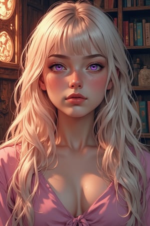 A portait of a beautiful, detailed face, woman with long albino very straight hair and shining purple eyes, pink lips, dressed in a pink clothes. Ben Bauchau, Michael Garmash, Daniel F Gerhartz, Clint Cearley, Carne Griffiths, Jean Baptiste Monge, strybk style, warm dreamy lighting, matte background, volumetric lighting, pulp adventure style, fluid acrylic, dynamic gradients, bold color, illustration, highly detailed, simple, smooth and clean vector curves, vector art, smooth, johan grenier, character design, 3d shadowing, fanbox, cinematic, ornate motifs, elegant organic framing, hyperrealism, posterized, masterpiece collection, bright lush colors, TXAA, penumbra, alcohol paint, wet gouache, ultrarealistic, film grain, surreal, moody, ethereal fantasy, amazing depth, cinematic film still, sharp focus, (James Christensen), Gustav Klimt, (Anne Bachelier:1.2), (Lillian Bassman, Erwin Blumenfeld),shabby chic,, 1920s retrofuturism, industrial, art deco, coherent, (Dieselpunk:1.3)sparkles,in the style of vargas