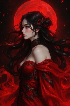 Digital illustration featuring a side profile of a woman against a striking red moon backdrop. The artwork is stylized with a focus on bold lines and contrasting colors. The woman has long, flowing black hair and is wearing a red garment with intricate patterns. Her skin is pale, and her facial features are sharp and defined, with a serene expression. The red moon dominates the background, casting a dramatic glow that enhances the mystical and atmospheric quality of the scene. The overall composition is balanced, with the subject positioned centrally, creating a sense of harmony and focus within the artwork... Ben Bauchau, Michael Garmash, Daniel F Gerhartz, Clint Cearley, Carne Griffiths, Jean Baptiste Monge, strybk style, warm dreamy lighting, matte background, volumetric lighting, pulp adventure style, fluid acrylic, dynamic gradients, bold color, illustration, highly detailed, simple, smooth and clean vector curves, vector art, smooth, johan grenier, character design, 3d shadowing, fanbox, cinematic, ornate motifs, elegant organic framing, hyperrealism, posterized, masterpiece collection, bright lush colors, TXAA, penumbra, alcohol paint, wet gouache, ultrarealistic, film grain, surreal, moody, ethereal fantasy, amazing depth, cinematic film still, sharp focus, (James Christensen), Gustav Klimt, (Anne Bachelier:1.2), (Lillian Bassman, Erwin Blumenfeld),shabby chic,, 1920s retrofuturism, industrial, art deco, coherent, (Dieselpunk:1.3)sparkles,in the style of vargas, warm dreamy lighting, matte background, volumetric lighting, pulp adventure style, fluid acrylic, dynamic gradients, bold color, illustration, highly detailed, simple, smooth and clean vector curves, vector art, smooth, johan grenier, character design, 3d shadowing, fanbox, cinematic, ornate motifs, elegant organic framing, hyperrealism, posterized, masterpiece collection, bright lush colors, TXAA, penumbra, alcohol paint, wet gouache, ultrarealistic, film grain, surreal, moody, ethereal fantasy, amazing depth, cinematic film still, sharp focus, (James Christensen), Gustav Klimt, (Anne Bachelier:1.2), (Lillian Bassman, Erwin Blumenfeld),shabby chic,, 1920s retrofuturism, industrial, art deco, coherent, (Dieselpunk:1.3)sparkles,in the style of vargas,REALNIME,,female hand,hkmagic,Fantasy detailers,DarkHalloween,halloween_witch