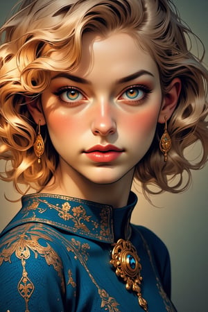 A portait of a beautiful, detailed face, woman with voluminous curly short blond hair and shining amber eyes, dressed in a blue sweater, golden jewerly. Ben Bauchau, Michael Garmash, Daniel F Gerhartz, Clint Cearley, Carne Griffiths, Jean Baptiste Monge, strybk style, warm dreamy lighting, matte background, volumetric lighting, pulp adventure style, fluid acrylic, dynamic gradients, bold color, illustration, highly detailed, simple, smooth and clean vector curves, vector art, smooth, johan grenier, character design, 3d shadowing, fanbox, cinematic, ornate motifs, elegant organic framing, hyperrealism, posterized, masterpiece collection, bright lush colors, TXAA, penumbra, alcohol paint, wet gouache, ultrarealistic, film grain, surreal, moody, ethereal fantasy, amazing depth, cinematic film still, sharp focus, (James Christensen), Gustav Klimt, (Anne Bachelier:1.2), (Lillian Bassman, Erwin Blumenfeld),shabby chic,, 1920s retrofuturism, industrial, art deco, coherent, (Dieselpunk:1.3)sparkles,in the style of vargas