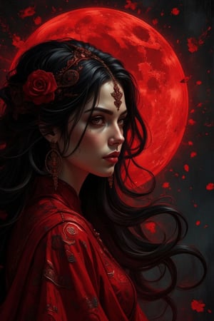 Digital illustration featuring a side profile of a woman against a striking red moon backdrop. The artwork is stylized with a focus on bold lines and contrasting colors. The woman has long, flowing black hair and is wearing a red garment with intricate patterns. Her skin is pale, and her facial features are sharp and defined, with a serene expression. The red moon dominates the background, casting a dramatic glow that enhances the mystical and atmospheric quality of the scene. The overall composition is balanced, with the subject positioned centrally, creating a sense of harmony and focus within the artwork... Ben Bauchau, Michael Garmash, Daniel F Gerhartz, Clint Cearley, Carne Griffiths, Jean Baptiste Monge, strybk style, warm dreamy lighting, matte background, volumetric lighting, pulp adventure style, fluid acrylic, dynamic gradients, bold color, illustration, highly detailed, simple, smooth and clean vector curves, vector art, smooth, johan grenier, character design, 3d shadowing, fanbox, cinematic, ornate motifs, elegant organic framing, hyperrealism, posterized, masterpiece collection, bright lush colors, TXAA, penumbra, alcohol paint, wet gouache, ultrarealistic, film grain, surreal, moody, ethereal fantasy, amazing depth, cinematic film still, sharp focus, (James Christensen), Gustav Klimt, (Anne Bachelier:1.2), (Lillian Bassman, Erwin Blumenfeld),shabby chic,, 1920s retrofuturism, industrial, art deco, coherent, (Dieselpunk:1.3)sparkles,in the style of vargas, warm dreamy lighting, matte background, volumetric lighting, pulp adventure style, fluid acrylic, dynamic gradients, bold color, illustration, highly detailed, simple, smooth and clean vector curves, vector art, smooth, johan grenier, character design, 3d shadowing, fanbox, cinematic, ornate motifs, elegant organic framing, hyperrealism, posterized, masterpiece collection, bright lush colors, TXAA, penumbra, alcohol paint, wet gouache, ultrarealistic, film grain, surreal, moody, ethereal fantasy, amazing depth, cinematic film still, sharp focus, (James Christensen), Gustav Klimt, (Anne Bachelier:1.2), (Lillian Bassman, Erwin Blumenfeld),shabby chic,, 1920s retrofuturism, industrial, art deco, coherent, (Dieselpunk:1.3)sparkles,in the style of vargas,REALNIME,,female hand,hkmagic,Fantasy detailers,DarkHalloween,halloween_witch