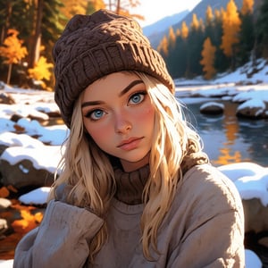 Portrait-style image featuring a young woman with light skin and long, blonde hair and very blue eyes. She is wearing a brown knit beanie and a chunky, gray knit sweater. The background is an outdoor setting with earthy-toned landscape, suggesting a natural environment. The woman has prominent eyebrows, dark eyeliner, and a neutral expression. Her hand is partially covering her face, adding a sense of coziness to the image. The overall color palette is warm and muted, complementing the autumnal theme.. Ben Bauchau, Michael Garmash, Daniel F Gerhartz, Clint Cearley, Carne Griffiths, Jean Baptiste Monge, strybk style, warm dreamy lighting, matte background, volumetric lighting, pulp adventure style, fluid acrylic, dynamic gradients, bold color, illustration, highly detailed, simple, smooth and clean vector curves, vector art, smooth, johan grenier, character design, 3d shadowing, fanbox, cinematic, ornate motifs, elegant organic framing, hyperrealism, posterized, masterpiece collection, bright lush colors, TXAA, penumbra, alcohol paint, wet gouache, ultrarealistic, film grain, surreal, moody, ethereal fantasy, amazing depth, cinematic film still, sharp focus, (James Christensen), Gustav Klimt, (Anne Bachelier:1.2), (Lillian Bassman, Erwin Blumenfeld),shabby chic,, 1920s retrofuturism, industrial, art deco, coherent, (Dieselpunk:1.3)sparkles,in the style of vargas