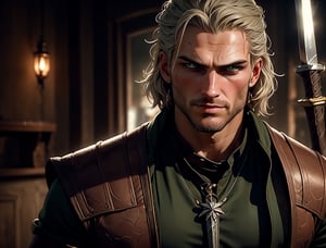 Portrait of a man, capturing the intensity in his piercing green eyes that seem to gleam with mischievous intent. Dark hair framing his chiseled features and sharp jawline. He wears a suit of armor, adorned with intricate details, and holds a sword at the ready, evoking the iconic 'Witcher' style.