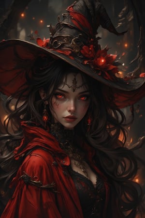 IImage is a digital artwork featuring a witch with a striking appearance. She has fair skin and sharp facial features, including large, expressive red eyes and full red lips. Her hair are long and dark, complementing her pale complexion. She wears a large, black witch's hat that adds a mystical element to her look. Her attire is a flowing, red cloak with intricate detailing, blending seamlessly with the dark, twisted branches surrounding her. The background is a moody, dark forest setting, enhancing the mysterious and enchanting halloween atmosphere. .. Ben Bauchau, Michael Garmash, Daniel F Gerhartz, Clint Cearley, Carne Griffiths, Jean Baptiste Monge, strybk style, warm dreamy lighting, matte background, volumetric lighting, pulp adventure style, fluid acrylic, dynamic gradients, bold color, illustration, highly detailed, simple, smooth and clean vector curves, vector art, smooth, johan grenier, character design, 3d shadowing, fanbox, cinematic, ornate motifs, elegant organic framing, hyperrealism, posterized, masterpiece collection, bright lush colors, TXAA, penumbra, alcohol paint, wet gouache, ultrarealistic, film grain, surreal, moody, ethereal fantasy, amazing depth, cinematic film still, sharp focus, (James Christensen), Gustav Klimt, (Anne Bachelier:1.2), (Lillian Bassman, Erwin Blumenfeld),shabby chic,, 1920s retrofuturism, industrial, art deco, coherent, (Dieselpunk:1.3)sparkles,in the style of vargas, warm dreamy lighting, matte background, volumetric lighting, pulp adventure style, fluid acrylic, dynamic gradients, bold color, illustration, highly detailed, simple, smooth and clean vector curves, vector art, smooth, johan grenier, character design, 3d shadowing, fanbox, cinematic, ornate motifs, elegant organic framing, hyperrealism, posterized, masterpiece collection, bright lush colors, TXAA, penumbra, alcohol paint, wet gouache, ultrarealistic, film grain, surreal, moody, ethereal fantasy, amazing depth, cinematic film still, sharp focus, (James Christensen), Gustav Klimt, (Anne Bachelier:1.2), (Lillian Bassman, Erwin Blumenfeld),shabby chic,, 1920s retrofuturism, industrial, art deco, coherent, (Dieselpunk:1.3)sparkles,in the style of vargas,REALNIME,,female hand,hkmagic,Fantasy detailers,DarkHalloween,halloween_witch