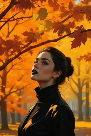 Portrait-style image featuring a woman standing outdoors against a backdrop of vibrant autumn leaves. She has dark brown hair tied up and shining gray eyes. She is wearing a autumnal clothes. Dark lipstick. The woman is looking to yellow leaf in the air. The overall color palette of the image is warm, with rich autumnal hues dominating the background. Ben Bauchau, Michael Garmash, Daniel F Gerhartz, Clint Cearley, Carne Griffiths, Jean Baptiste Monge, strybk style, warm dreamy lighting, matte background, volumetric lighting, pulp adventure style, fluid acrylic, dynamic gradients, bold color, illustration, highly detailed, simple, smooth and clean vector curves, vector art, smooth, johan grenier, character design, 3d shadowing, fanbox, cinematic, ornate motifs, elegant organic framing, hyperrealism, posterized, masterpiece collection, bright lush colors, TXAA, penumbra, alcohol paint, wet gouache, ultrarealistic, film grain, surreal, moody, ethereal fantasy, amazing depth, cinematic film still, sharp focus, (James Christensen), Gustav Klimt, (Anne Bachelier:1.2), (Lillian Bassman, Erwin Blumenfeld),shabby chic,, 1920s retrofuturism, industrial, art deco, coherent, (Dieselpunk:1.3)sparkles,in the style of vargas,REALNIME