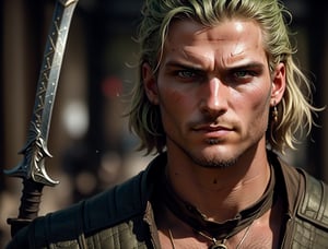 Portrait of a man, capturing the intensity in his piercing green eyes that seem to gleam with mischievous intent. Balck hair framing his chiseled features and sharp jawline. He wears a suit of armor, adorned with intricate details, and holds a sword at the ready, evoking the iconic 'Witcher' style.