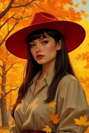 Portrait-style image featuring a woman standing outdoors against a backdrop of vibrant autumn leaves. She has long, straight dark brown hair with bangs and fair skin. She is wearing a Red wide-brimmed hat and a beige swater. Red lipstick. The woman is looking to yellow leaf in the air. The overall color palette of the image is warm, with rich autumnal hues dominating the background. Ben Bauchau, Michael Garmash, Daniel F Gerhartz, Clint Cearley, Carne Griffiths, Jean Baptiste Monge, strybk style, warm dreamy lighting, matte background, volumetric lighting, pulp adventure style, fluid acrylic, dynamic gradients, bold color, illustration, highly detailed, simple, smooth and clean vector curves, vector art, smooth, johan grenier, character design, 3d shadowing, fanbox, cinematic, ornate motifs, elegant organic framing, hyperrealism, posterized, masterpiece collection, bright lush colors, TXAA, penumbra, alcohol paint, wet gouache, ultrarealistic, film grain, surreal, moody, ethereal fantasy, amazing depth, cinematic film still, sharp focus, (James Christensen), Gustav Klimt, (Anne Bachelier:1.2), (Lillian Bassman, Erwin Blumenfeld),shabby chic,, 1920s retrofuturism, industrial, art deco, coherent, (Dieselpunk:1.3)sparkles,in the style of vargas,REALNIME