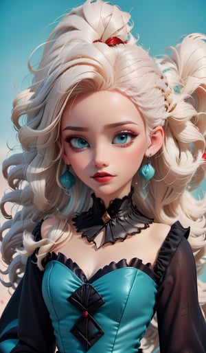 A BEAUTIFUL girl with white hair, red strands,curls, a black vintage corset,a magnificent turquoise dress. stylization, hyperdetalization, poster.