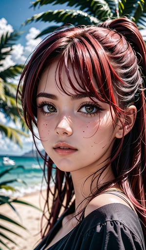 A beautiful girl, with red hair, a beautiful face. against the background of green palm trees, near the sea