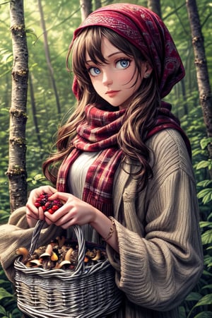 a beautiful girl, a beautiful face, a headscarf on her head, in the middle of the forest, picking mushrooms, a wicker basket in her hands. there are mushrooms and berries around 