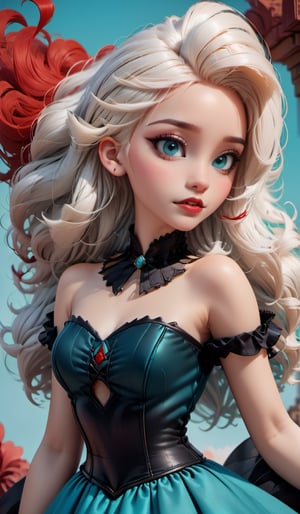 A BEAUTIFUL girl with white hair, red strands,curls, a black vintage corset,a magnificent turquoise dress. stylization, hyperdetalization, poster.