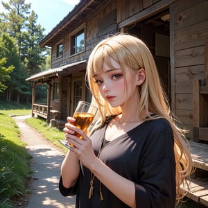 a beautiful girl with golden hair, the appearance of an alcoholic, holds a glass bottle in her hand.There is a wooden house in the forest in the background.the hut