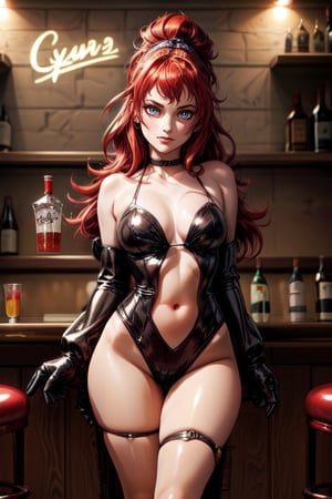 a beautiful girl with red hair, a beautiful face, stands near the bar on the beach. stylization, hyper-detail