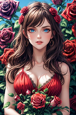 beautiful girl, beautiful face, stands among flowers, red roses, summer background. stylization, composition