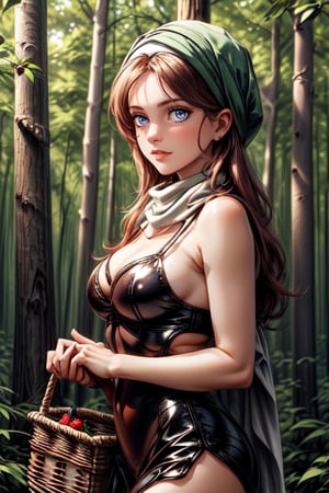 a beautiful girl, a beautiful face, a headscarf on her head, in the middle of the forest, picking mushrooms, a wicker basket in her hands. there are mushrooms and berries around 