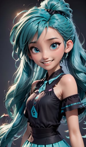 1girl, aqua eyes, aqua hair, aqua nails, aqua necktie, bare shoulders, black background, black sleeves, blue nails, detached sleeves, grey shirt, hair ornament, hatsune miku, headset, long hair, looking at viewer, nail polish, necktie, shirt, sleeveless, sleeveless shirt, smile, solo, twintails, upper body, very long hair,disney pixar style