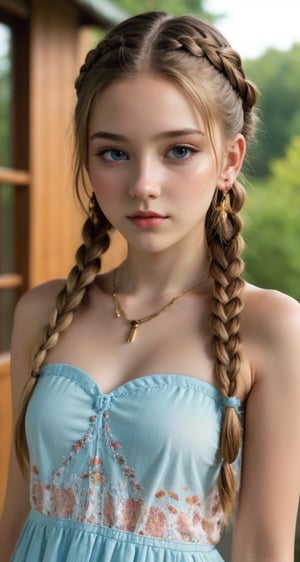 a 16 yo extremely attractive woman named Paula, (long double braided dark blond hair)((european teen:1.2),(japanese teen:0.7)), (hi-top fade:1.3), dark theme, soothing tones, muted colors, high contrast, (natural skin texture, hyperrealism, soft light, sharp), strapless sexy summer dress,  long nipples,(nipples see-through:1.2), necklace, earrings, little crown,xxmix_girl,photo r3al,nude, (full_body:0.8)