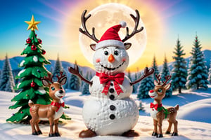 A humorous Christmas scene with a snowman, a reindeer, and a Santa hat. The snowman is in the center of the image, wearing a red and white Santa hat, as well as a green bow tie and vest. He has a silly grin on his face and is holding a miniature Christmas tree. The reindeer is standing next to the snowman, with a confused expression on its face as to what is happening. In the background, there are snow-covered trees and a bright yellow sun. The overall scene is light-hearted and quirky, adding a playful twist to the traditional Christmas imagery. 