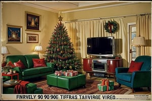 (80s, 90s) , Christmas, Santa, vintage interior, house, realistic, fireplace, tree, presents, ornaments, lights, sofa, rug, ((vintage TV)), VCR, 80s poster, 80s calendar, neon lights ,((vintage Style)),vintage ad style,wrenchs_hindustanambassador,vintage