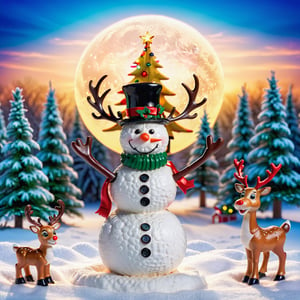 A humorous Christmas scene with a snowman, a reindeer, and a Santa hat. The snowman is in the center of the image, wearing a red and white Santa hat, as well as a green bow tie and vest. He has a silly grin on his face and is holding a miniature Christmas tree. The reindeer is standing next to the snowman, with a confused expression on its face as to what is happening. In the background, there are snow-covered trees and a bright yellow sun. The overall scene is light-hearted and quirky, adding a playful twist to the traditional Christmas imagery. 