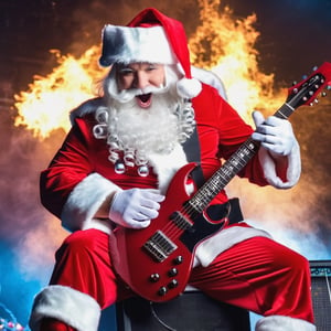 Santa claus, metal style, metal concert, Santa in scenary, metal clothes, guitar