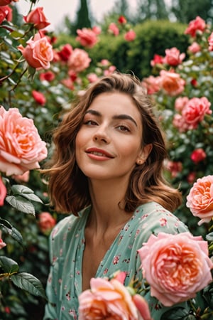  (sharp focus:1.2), extremely detailed, (photorealistic:1.4), (RAW image, 8k high resolution:1.2), RAW candid cinema, 16mm, color graded Portra 400 film, An image of a woman in a rose garden, surrounded by blooming roses, happy.