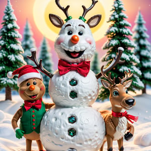 A humorous Christmas scene with a snowman, a reindeer, and a Santa hat. The snowman is in the center of the image, wearing a red and white Santa hat, as well as a green bow tie and vest. He has a silly grin on his face and is holding a miniature Christmas tree. The reindeer is standing next to the snowman, with a confused expression on its face as to what is happening. In the background, there are snow-covered trees and a bright yellow sun. The overall scene is light-hearted and quirky, adding a playful twist to the traditional Christmas imagery. 