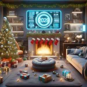 A realistic Christmas-themed interior drawing showcasing both the present and the future. The image showcases a cozy living room with a fireplace, a Christmas tree, and a comfortable sofa. The top of the tree has traditional ornaments, while the lower branches have futuristic presents wrapped in shiny paper. On the sofa lies a decorative rug, and in front of it sits a modern TV.  In the near future, the concept of VR and hologram becomes dominant for both interior and entertainment. A robotic butler can be seen delivering a gift bag while the fireplace is augmented to a more sustainable version. A poster and image projection display futuristic themes such as flying cars and other entertainment that people can enjoy with VR devices. The whole scene is bright and inviting, with a mix of traditional and modern- futuristic decor