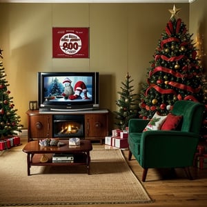 (80s, 90s) , Christmas, Santa, vintage interior, house, realistic, fireplace, tree, presents, ornaments, lights, sofa, rug, ((vintage TV)), VCR, poster, ((vintage Style)),vintage ad style,wrenchs_hindustanambassador,vintage