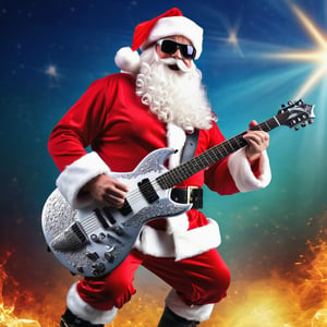 High quality, Santa Claus, metal style, metal concert, Santa in scenery, metal clothes, guitar, realistic, rocking shades