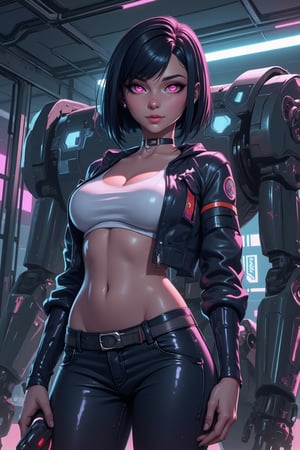 synth-wave and cyberpunk-themed, 2.5D stylized painterly, illustration. Soft gradients sharp edges, bold outlines. Of a beautiful woman mechanic standing in front of a robot and holding a big tool. bob-haircut, black hair, pink eyes, body with perfect proportions, normal-sized head, Realistic, highly-detailed, high-quality, concept game art. snythbabe