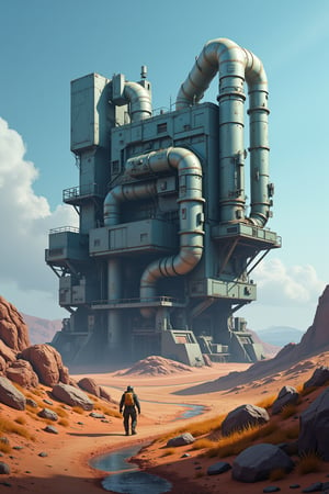 synth-wave and cyberpunk-themed, 2.5D a masterpiece, stunning detail - view at a building located on barren patch of land - futuristic industrial complex, huge tubes and converyers, tech facility rough and used - godes