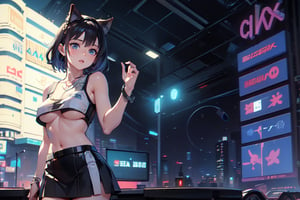 (4k), (masterpiece), (best quality), (extremely intricate), (realistic manga art anime), (sharp focus), (cinematic lighting), (extremely detailed), sci-fi theme, synth-wave, cyberpunk

1girl, secretary, pencil skirt, white crop top

Backgound, vibrant cyberpunk city,