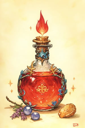 D&D-themed picture - closeup of one magic healing potion with intricate decore and a healthy red glow. plain cream parchment background. In the style of fantasy illustrations inspired by roleplaying art - A masterpiece combining stunning detail, watercolor, color-pencil, realistic, highly-detailed and high-quality. penacryl