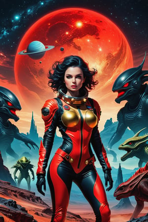 sexy astronaut girl, on a planet surrounded by monstrous scared aliens. and the planet dresses skies and landscapes in neon red , black and Gold colors, helm under arm