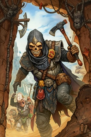 closeup action - portrait of a skeleton warrior hacking trough through a bursting wooden door with an axe. expressive, In the style of fantasy illustrations inspired by roleplaying art, digital painting, concept art, and dark fantasy. penacryl