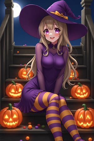 source_anime, closeup on a smiling woman in a tight purple Halloween dress and a witch hat sitting on the wooden stairs with jack-o-lanterns around it, cute tight dress, transparent long sleeves, shiny yellow and purple striped tights, jack-o'-lantern, Halloween theme, candy, sitting, pumpkin, moon, pantyhose, outdoors, night, Spooky, Wcol style