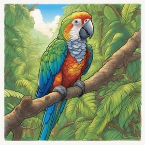 a parrot on a branch, jungle, and sky background - in the style of Overwatch2 game Cover, (oil-based color pencils drawing with detailed Hatching and white highlights, rim light) detailed hands, 