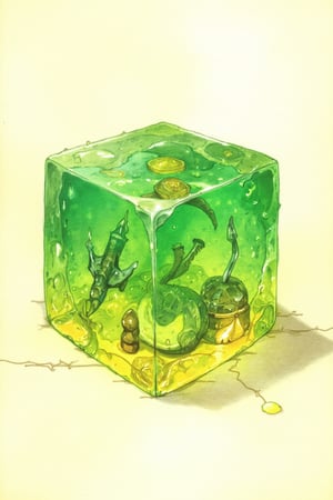 D&D-themed picture - closeup of - a green gelatinous cube, made of transparent gelatinous matter in the shape of a cube. Containing some remains of one adventurer, like a weapon some armor parts, and gold coins - Plain cream parchment background. In the style of fantasy illustrations inspired by roleplaying art - A masterpiece combining stunning detail, watercolor, color-pencil, realistic, best quality, highly-detailed, and high-quality. penacryl