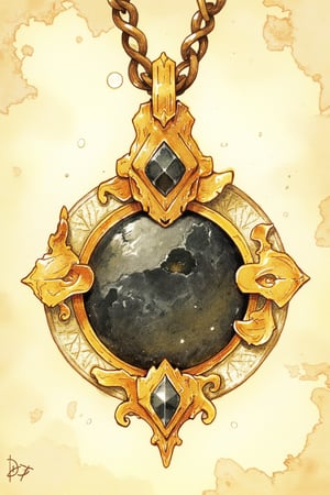 D&D-themed picture - closeup of a magic amulet with a dark soul-stone. plain cream parchment background. In the style of fantasy illustrations inspired by roleplaying art - A masterpiece combining stunning detail, watercolor, color-pencil, realistic, highly-detailed and high-quality. penacryl